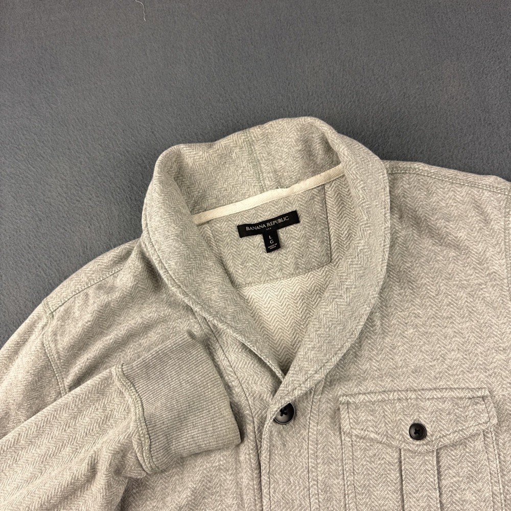 Banana Republic Jacket Men's L Grey Herringbone Knit Button Up Shawl Collar Coat